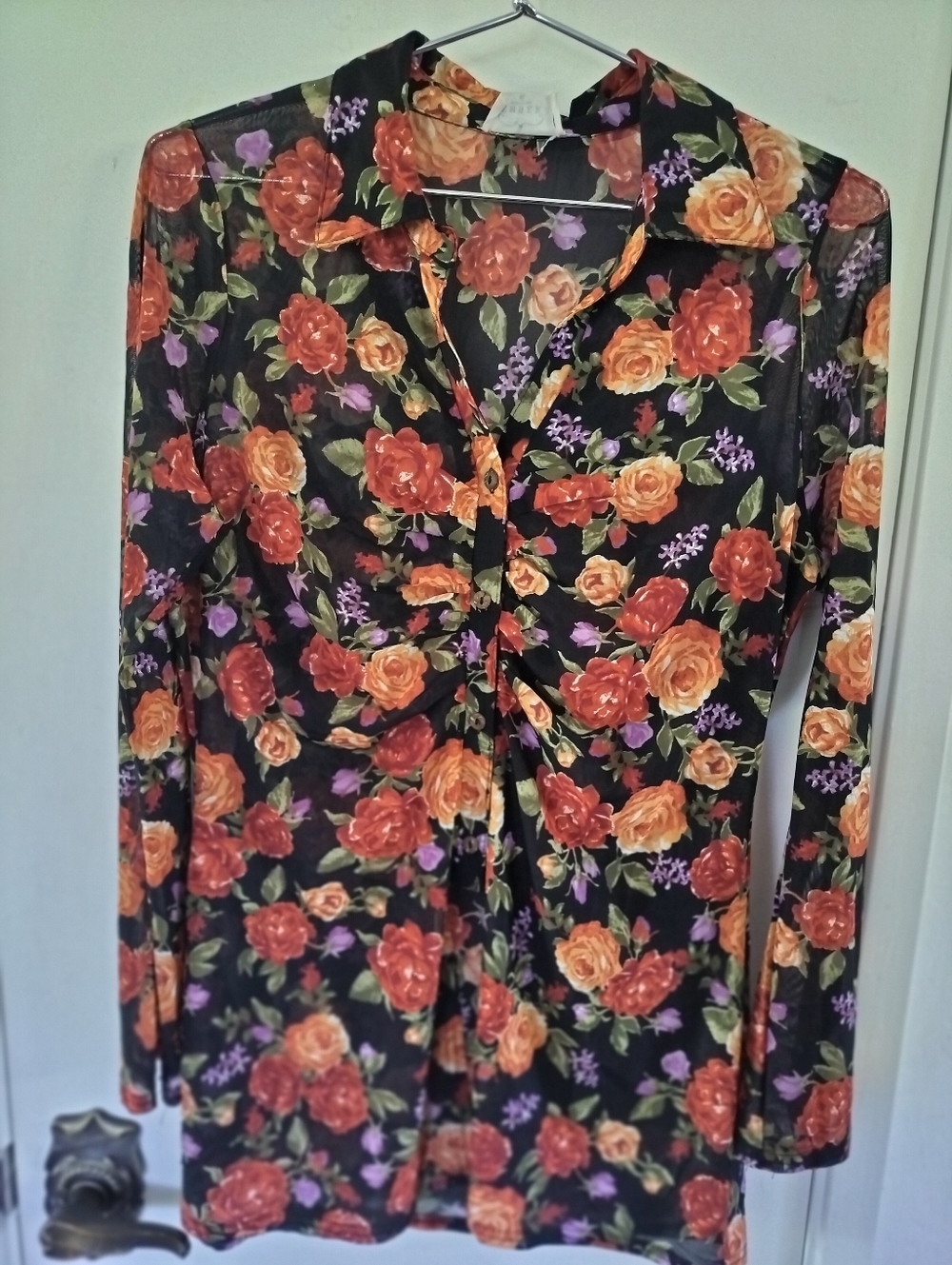 Ember Long-Sleeve Mesh Top Rose Floral Print Button-Front Ruched Bodice XL